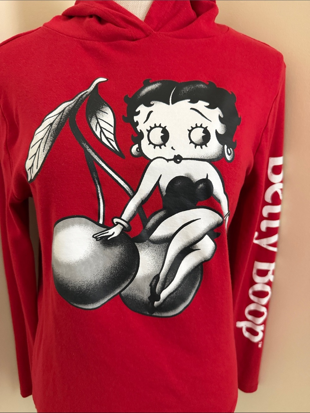Betty Boop Red Long Sleeve Hoodie with Cherry Graphic - Picture 6 of 12